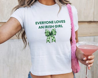 Lucky Irish Baby Tee, Coquette St Patricks Day Shirt, Y2K Aesthetic Crop Top, Green Bow St Paddys Tee, Vintage Irish Saying T-Shirt, Trendy