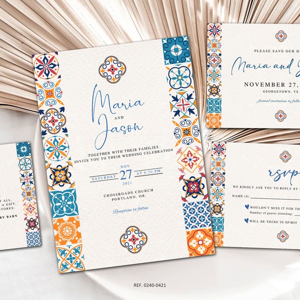 Mexican Theme Wedding Set 12 Templates, Wedding Set Mexican Style, Fully Editable Wedding Set, Talavera Style, ENG+SPA, Instant Download.