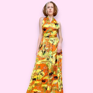 70s Silky Jungle Print Halter Maxi Dress