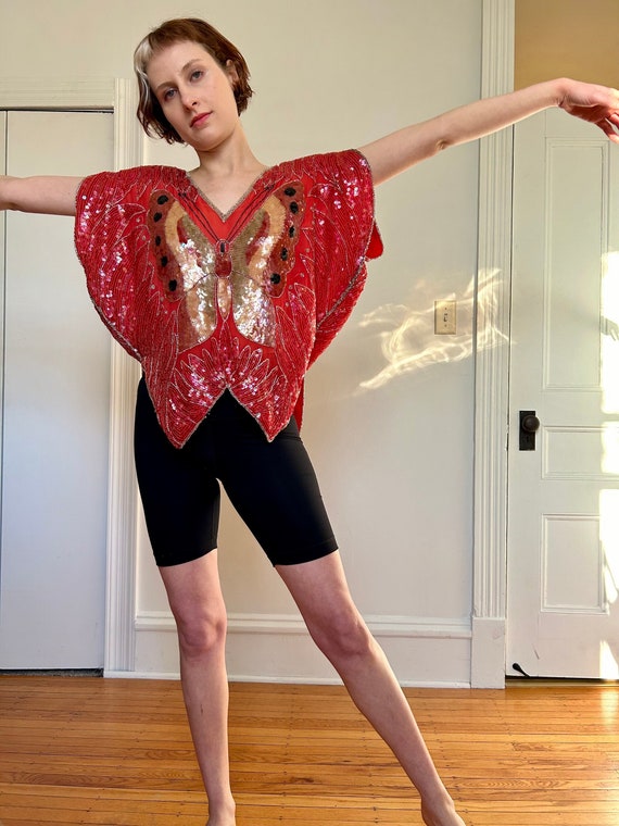 70s Silk Sequined Butterfly Top