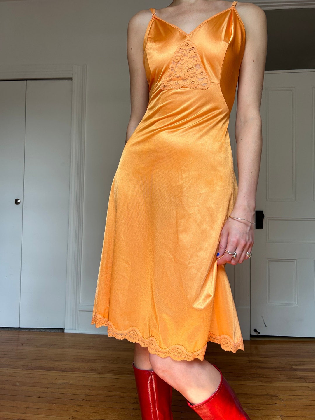 Tangerine Lace Slip Dress Etsy