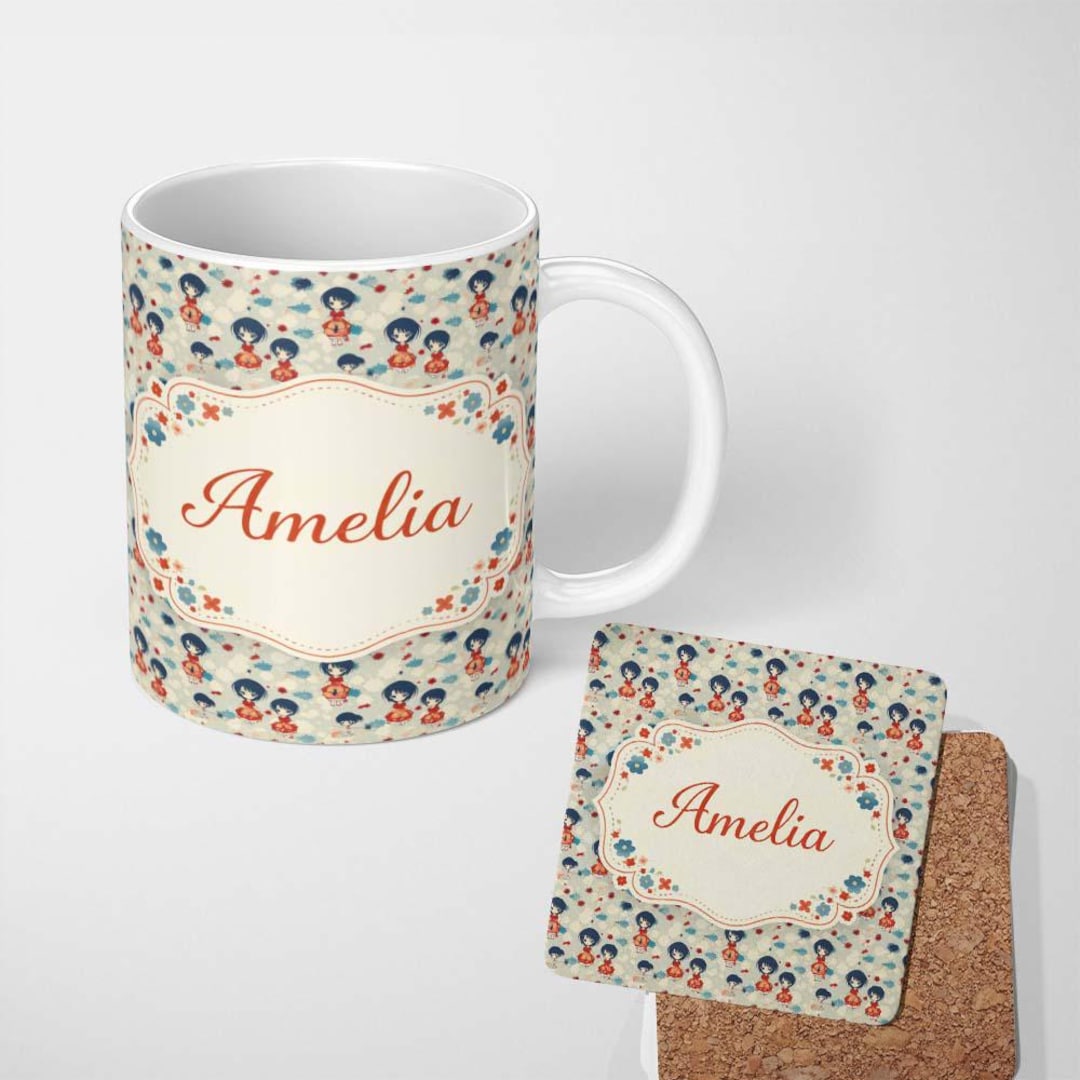 Personalized Custom Name Japanese Doll Red Kimono Floral Pattern ...