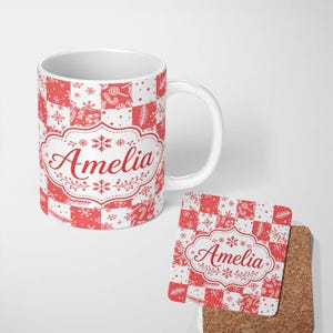 Personalized Custom Name Red White Patchwork Christmas Candy Snowflake Seamless Pattern 11oz Ceramic Coffee Tea Mug White Large Handle
