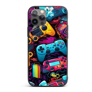 May include: A black phone case with a colourful design of video game controllers. The controllers are in blue, yellow, pink, and orange, set against a dark background with neon accents. The case has a glossy finish.