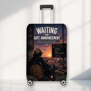 May include: A rolling suitcase featuring a graphic print of a person sitting in an airport terminal at sunset. The text reads WAITING FOR GATE ANNOUNCEMENT, CANCELLED PLANS, DELAYED FLIGHTS, BUT THE JOURNEY IS STILL WORTH IT, and PLEASE WAIT FOR GATE ANNOUNCEMENT.