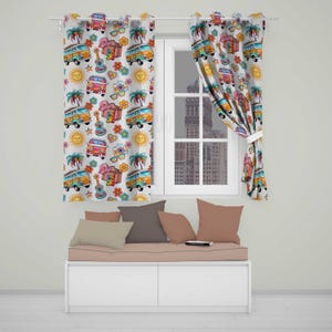 May include: A pair of white curtains featuring a repeating colourful pattern of vintage camper vans, palm trees, acoustic guitars, cameras, suns, and flowers. The curtains are hung on a white rod and frame a window with a view of a city skyline.