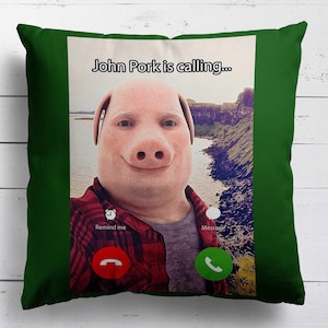 May include: A green cushion with a novelty design. The cushion displays a mock phone call screen with a pig-like face and the text "John Pork is calling...". The pig is wearing a red plaid shirt.
