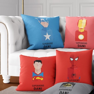 Superhero Custom Text Personalised Name Coloured Novelty Square Kids Boys Girls Soft Filled Cushion Zipped Closure Gift Bedroom Decoration