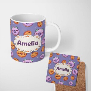 Personalized Custom Name Cute Kawaii Donut Pumpkin Lollipop Pattern Purple Gradient Name 11oz Ceramic Coffee Tea Mug White Large Handle
