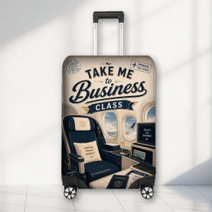 May include: A rolling suitcase with a telescopic handle featuring a graphic print of an aeroplane business class cabin. The text reads Take Me to Business Class, Comfort Privacy Priority, Enjoy the Journey, and Passport. The design includes aeroplane windows.