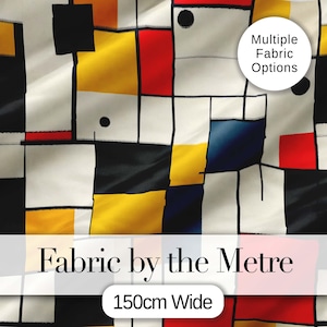 May include: Fabric with a geometric design featuring squares in black, white, yellow, red, and navy blue. The fabric is labeled "Fabric by the Metre" and is 150cm wide. The image also includes a circular label that says "Multiple Fabric Options".