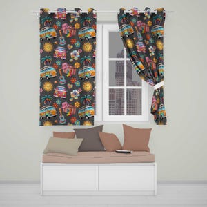 May include: Two window curtains featuring a dark grey background with a repeating pattern of colourful camper vans, palm trees, suns, guitars, cameras, and flowers. The curtains are hung on a white rod and have metal grommets at the top.