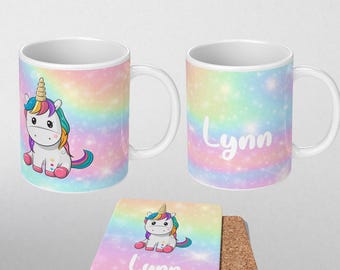Personalised Name Cute Unicorn Magical Rainbow Multi Colour Kids Children&#39;s Coffee Mug Gift 11oz Ceramic And Coaster Set Option