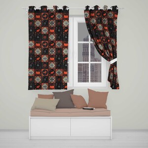 May include: Two window curtains featuring a repeating grid pattern of black and orange squares. The design includes illustrations of pumpkins, cats, and intricate geometric motifs. The curtains are hung on a white rod with silver grommets.