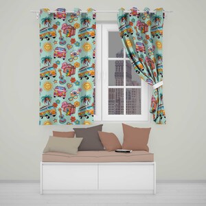 May include: Two light blue curtains featuring a repeating pattern of colourful vintage camper vans, acoustic guitars, cameras, palm trees, suns, and flowers. The curtains are hung on a white rod and display a vibrant, multi-coloured graphic print.