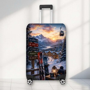 May include: A rolling suitcase featuring a printed winter mountain scene with a ski resort, a chairlift, and a signpost with text reading Ski Slopes, Lodge, Lift Tickets, Rentals, and Apres Ski. The luggage has a retractable handle and wheels.