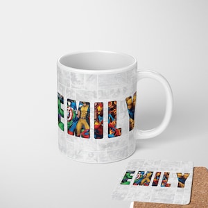May include: White ceramic mug with a comic book design featuring Marvel characters. The word "EMILY" is spelled out using the characters' faces. The mug comes with a matching coaster.