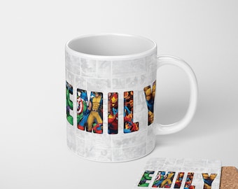Personalise Your Name Superhero Character Logo Design Kids Children His Hers Coffee Tea Mug Cup Gift 11oz Ceramic Mug And Coaster Set Option