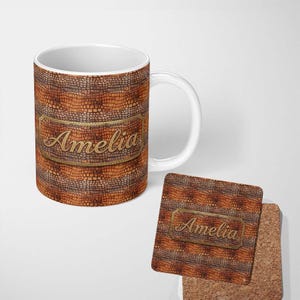 Personalized Custom Name Dark Olive Crocodile Texture Pattern Reptile Skin Effect Design 11oz Ceramic Coffee Tea Mug White Large Handle