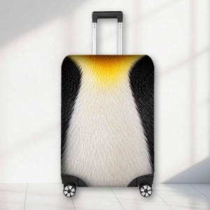 May include: A rectangular rolling suitcase featuring a graphic print of penguin feathers. The design displays a central white section flanked by black sides, with a vibrant yellow patch at the top. It includes a silver telescopic handle and four wheels.