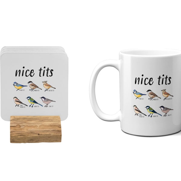 Nice Tits Birds Bird Prank Funny Humour Coffee Tea Mug Gift 11oz Ceramic Mug And Coaster Set Option