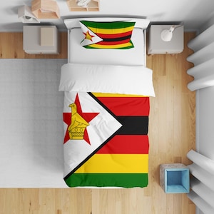 May include: A bed set with the flag of Zimbabwe design. The duvet cover and pillowcase display the flag's emblem: a white triangle with a red star and a golden bird, and stripes of green, yellow, black, and red. The set is for a bed.