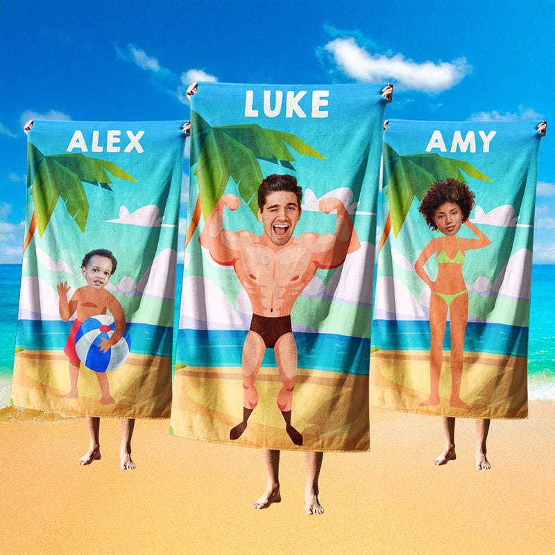 🎁 Funny Personalised Photo Name Upload Swimwear Body Soft Highly Absorbent Beach Bath Sheet Towel Holiday Family Pet His Her Gift