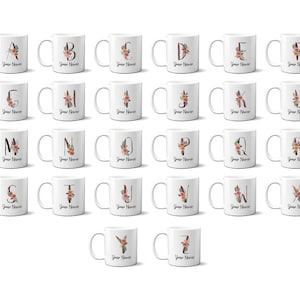 Taza de café con letra inicial de nombre Floral con efecto de pintura a mano de acuarela Floral personalizada, opción de juego de taza y posavasos de cerámica de 11oz
