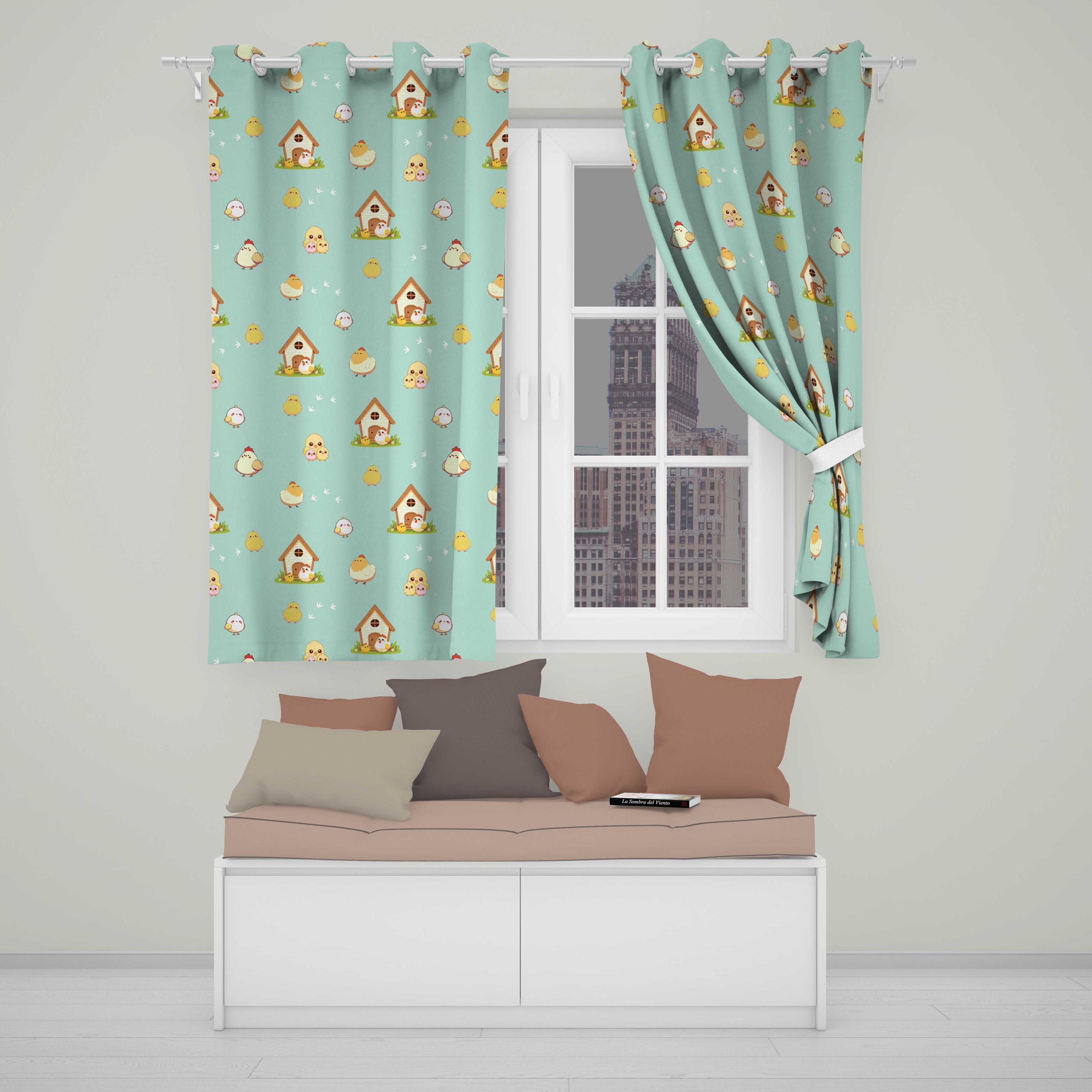 May include: Light blue curtains featuring a repeating pattern of brown birdhouses, yellow chicks, and small white eggs. The curtains are hung on a silver rod with grommets. Below the window, a white bench features four solid-coloured throw pillows.