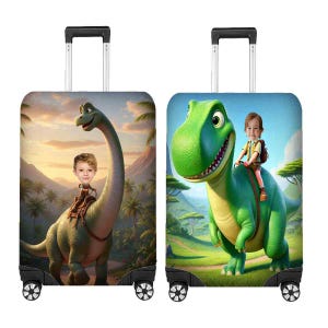 May include: Two rolling suitcases with dinosaur designs. One depicts a green dinosaur with a child rider, set in a landscape. The other shows a long-necked dinosaur with a child rider, set against a sunset. Both have retractable handles and four wheels.