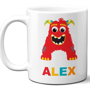 Niños niños pequeño monstruo tema monograma nombre letra inicial café té taza regalo 11oz cerámica