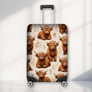May include: A rolling suitcase featuring a repeating pattern of brown Highland cattle with floral crowns on a light beige background. The luggage has a retractable top handle, four black spinner wheels, and a hard-shell exterior design.