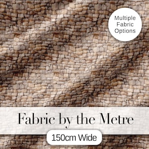 May include: Fabric featuring a stone wall design. The fabric displays a blend of beige, brown, and tan hues, simulating a realistic stone texture. The text "Fabric by the Metre" and "150cm Wide" are visible. A white circle with the text "Multiple Fabric Options" is also present.