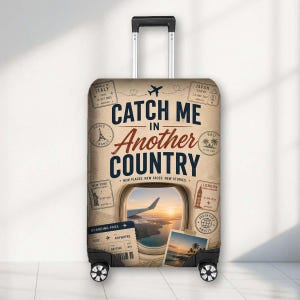May include: A beige suitcase cover featuring the text CATCH ME IN ANOTHER COUNTRY, travel stamps from Italy, Japan, Paris, Bali, New York, and London, an aeroplane window view of a sunset, a boarding pass, and a photograph of a tropical beach.