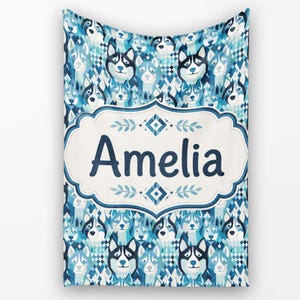 Soft Fleece Blanket Argyle Style Husky Dog Faces Seamless Pattern Custom Name