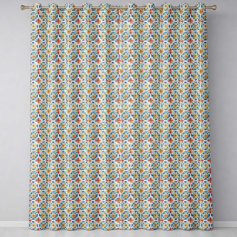 Vibrant Watercolour Floral Tile Pattern in Blue Orange and Yellow Tones ...