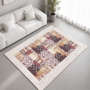 Beige Burgundy Patchwork Damask Pattern Rug Non-Slip Soft Area Carpet Bedroom Living Room Hallway Mat Decor - Made in UK