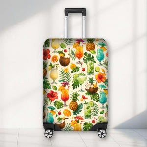 May include: A rolling suitcase featuring a vibrant, repeating pattern of tropical cocktails, sliced oranges, pineapples, coconuts, and red hibiscus flowers on a cream background. The luggage has a retractable handle and four black wheels.