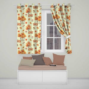 May include: Two window curtains featuring a repeating pattern of sleeping foxes, orange autumn trees, and small mushrooms on a light cream background. The curtains are hung on a silver rod with metal grommets, displaying a watercolour style print.