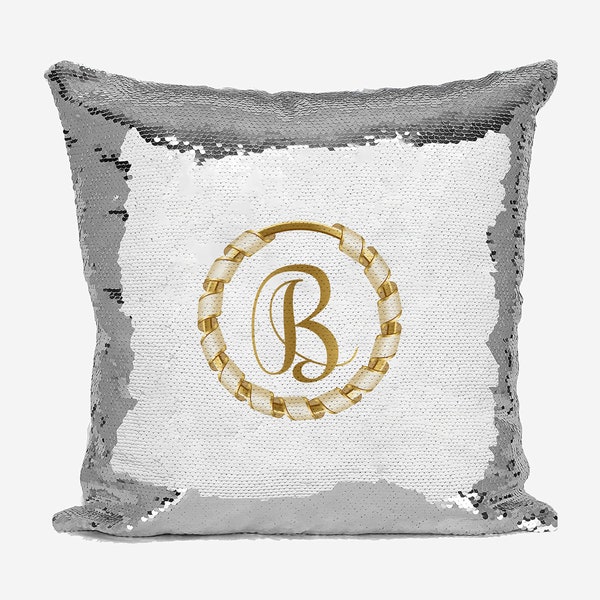 Personalised Name Mermaid Shiny Sparkly Sequin Silver Magic Gold Ring Ribbon Border Bedroom Cushion Cover With Pillow Kids Boys Girls