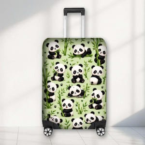 May include: A rolling suitcase featuring a light green background with a repeating pattern of cartoon pandas in various poses, including sitting, lying down, and climbing, interspersed with green bamboo stalks and small black paw prints.