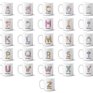 Caneca de cerâmica com letras iniciais do alfabeto, caneca personalizada de unicórnio brilhante para crianças e meninas, presente de 11oz, caneca de cerâmica e conjunto de porta-copos