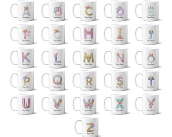 Personalised Unicorn Sparkly Kids Girls Monogram Alphabet Initial Letter Coffee Tea Mug Gift 11oz Ceramic Mug And Coaster Set Option