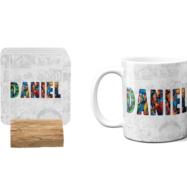 Personalise Your Name Superhero Character Logo Design Kids Children His Hers Coffee Tea Mug Cup Gift 11oz Ceramic Mug And Coaster Set Option