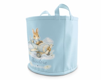 Personalised Bunny Plane Laundry Storage Basket Custom Name Colour Cute Cuddly Nursery Playroom Toy Hamper Children Bedroom Baby Shower Gift