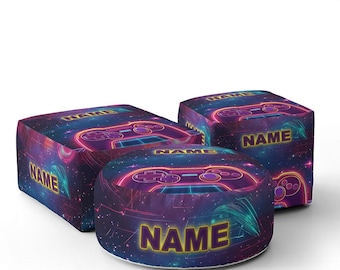 Personalised Name Gamer Gaming Controller Kids Ottoman Filled Pouffe Footrest Stool Washable Cover Zip Closure Pet His Her Gift