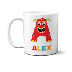 Taza personalizada de pequeño monstruo con nombre multicolor, monograma, letra inicial, regalo para niños, cerámica de 11oz