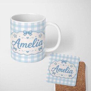 Personalized Custom Name Soft Blue And White Gingham Check Seamless Pattern Classic Lovely 11oz Ceramic Coffee Tea Mug White Large Handle