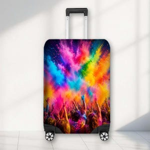 May include: A rolling suitcase featuring a vibrant, multi-coloured graphic print of a crowd with raised arms amidst an explosion of pink, blue, yellow, and orange powder. The luggage has a retractable silver handle and four black swivel wheels.