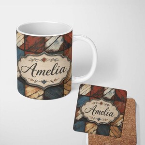 May include: A white ceramic mug and a square cork-backed coaster, both featuring a distressed, multi-coloured chequered pattern in shades of red, blue, and tan. Each item displays a central cream-coloured label with the name Amelia in script.